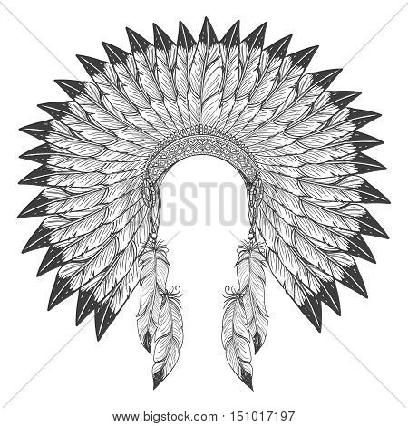 Native american indian headdress with feathers. Vector war bonnet headdress