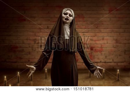 Awful Asian Nun Woman Begin Ritual Inside A Candle Circle