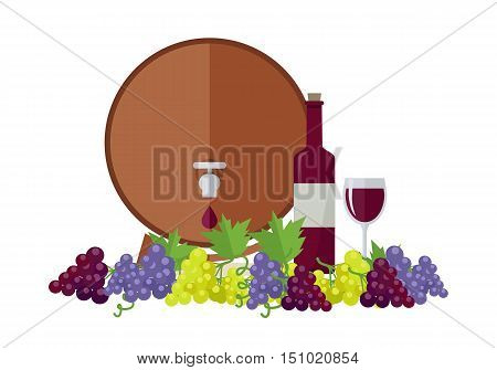 Wooden barrel with wine. Different sorts of grapes. Bottle and glass of check elite vintage strong wine. Bunches or clusters of grapes. Part of series of viniculture production items. Vector