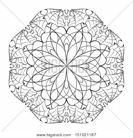 Intricate stylized circular ornament with bats for Halloween. Freehand sketch for adult coloring page. Tattoo design. Ornamental artistic drawing for t-shirt print EPS10 vector illustration.