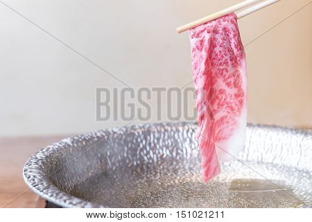 Beef Wagyu A5 Shabu shabu with steam, Groumet Japanese hot pot cuisine