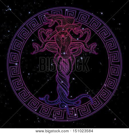 Bunch of tangled snakes as a sybmbolical representation of devil. Intricate hand drawing. Tattoo design. Halloween party invitation card vintage design. EPS10 vector illustration.