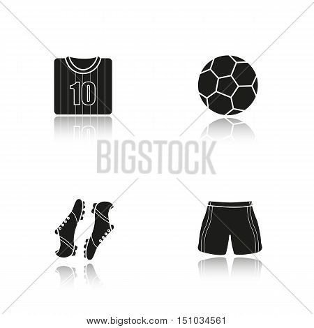 Soccer drop shadow black icons set. Football shirt, boots and shorts, ball. Soccer player's uniform. Isolated vector illustrations