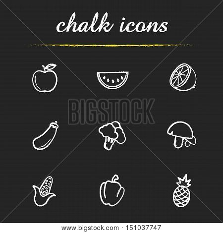 Fruit and vegetables chalk icons set. Apple, watermelon slice, lemon half, eggplant, broccoli, mushrooms, corn, bell pepper, pineapple. Isolated vector chalkboard drawings