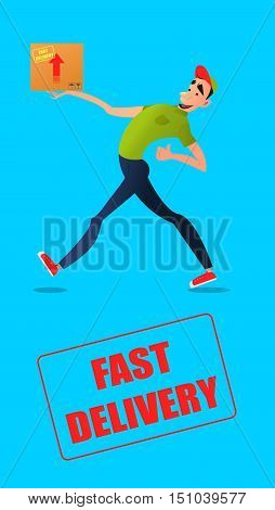 Fast free delivery. Courier runs with box on the order.Cheerful man courier.Colorful characters in a flat style