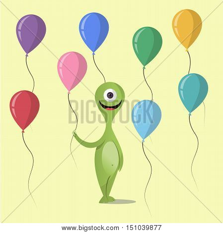 Bright Happy monster with colored balls. The flat style. Congratulations on the holiday.Vector concept background