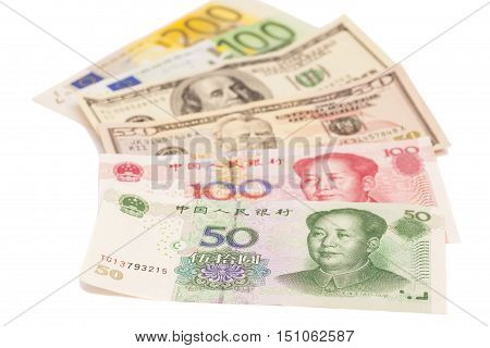 American dollars European euro and Chinese yuan bills
