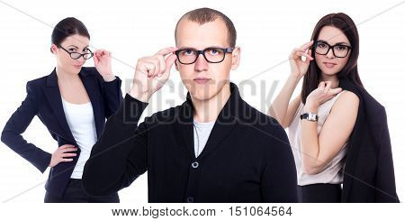 ophthalmology and optometry concept - business people in eyeglasses isolated on white background