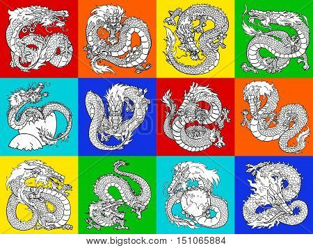 Set of 12 Asian dragons. Vector illustration. A black contour line on white color on a multi-colored bright background. Childrens coloring.