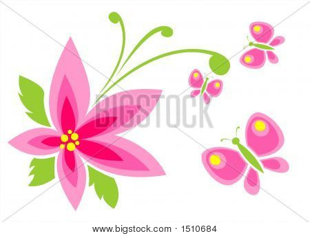 Pink Flower And Butterfly