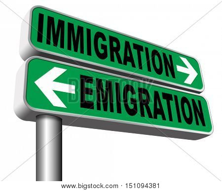 immigration or emigration political or economic migration by refugees or moving across the border by economic migrants sign 3D illustration, isolated, on white