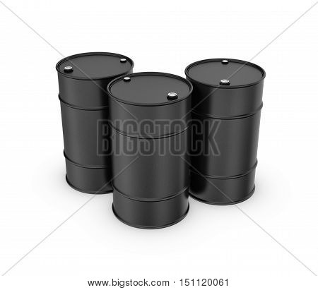 3d rendering of three black barrels isolated on a white background. Petroleum recourses. Oil production. Fabrication of gasoline.