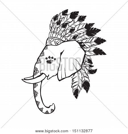 Elephant head with american indian chief headdress. Print for clothes, cards, picture banner for websites. Ethnic Indian ornaments.