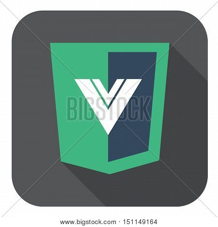vector web development shield sign html5 javascript V letter symbol isolated icon on grey badge with long shadow