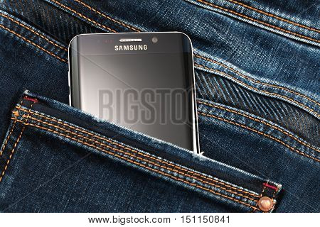 Varna Bulgaria - October 04 2016: Studio shot of a black Samsung Galaxy S6 Edge+ smartphone with 16 MP f 1.9 28mm Camera quad-core 21 GHz and 1440 x 2560 pixels Display Resolution
