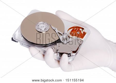 Computer hard disk helds a white gloved hand isolated