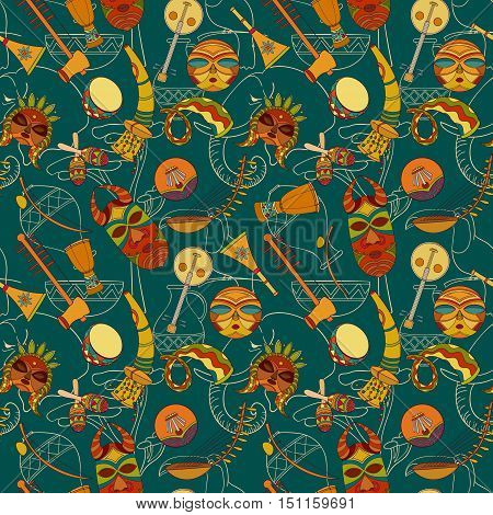 Hand-drawn seamless african music pattern. Vector illustration. Sketch elements of musical instruments drum, shakers, horn, kora, djembe