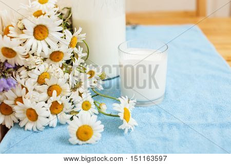 Simply stylish wooden kitchen with bottle of milk and glass on table, summer flowers camomile, healthy foog moring concept noone close up