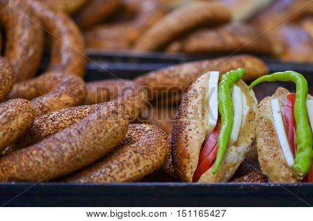 Sandwich (Turkish name is Kumru) and Turkish Traditional Bakery Bagel, Turkish donut, called as Simit in Turkish