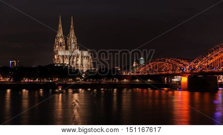 Illuminated Cologne Cathedral at night in Cologne