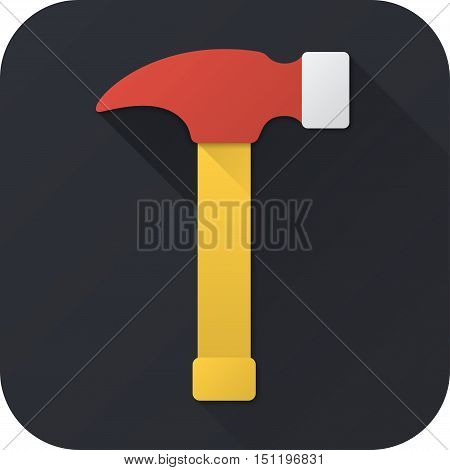 Vector illustration. Toy hammer in flat design with long shadow. Square shape icon in simple design. Icon vector size 1024 corner radius 180