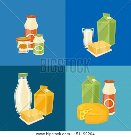 Assortment of different dairy products, isolated square composition vector illustration. Nutritious and natural tasty food. Organic farmers food. Organic food and dairy product concept. Milk product icon. Cartoon dairy product. Dairy icon.