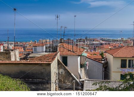 Ancient town on the Ligurian Sea: Sanremo ITALY. Roofs with satellite dishes and tv antennas.