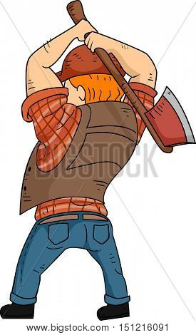 Back View Illustration of a Bearded Caucasian Lumberjack in a Cap and Plaid Shirt Preparing to Chop Wood