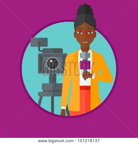 An african-american smiling reporter with microphone standing on the background with camera. TV reporter presenting the news. Vector flat design illustration in the circle isolated on background.