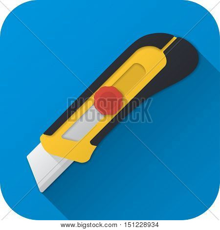 Vector illustration. Toy construction utility knife in flat design with long shadow. Square shape icon in simple design. Icon vector size 1024 corner radius 180