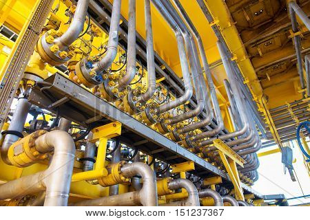 Pipeline production and control valve for oil and gas process, Pipeline construction on offshore wellhead remote platform, Energy and petroleum industry.