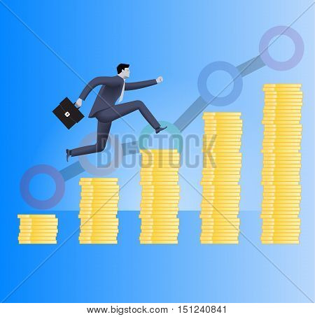 On the way to success business concept. Confident businessman in business suit with case in his hand runs up the piles of gold coins. Concept of success investment profitable business.