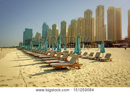 DUBAI, UAE - OCTOBER 06, 2016: The beach at Jumeirah Beach Residence (JBR) has been extended to include a larger sand beach and 300,000 sq feet of shops and restaurants