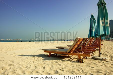 DUBAI, UAE - OCTOBER 06, 2016: The beach at Jumeirah Beach Residence (JBR) has been extended to include a larger sand beach and 300,000 sq feet of shops and restaurants