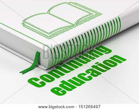 Education concept: closed book with Green Book icon and text Continuing Education on floor, white background, 3D rendering