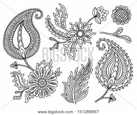 Adult coloring book with floral elements and flower. Vector set of colorful paisley elements. Indian, Persian traditional motives on white background. For your design.