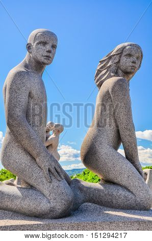 OSLO, MAY 2015: Human statues in Frogner Park. Frogner Park contains, in its present centre, the well-known Vigeland installation, a permanent sculpture installation created by Gustav Vigeland.