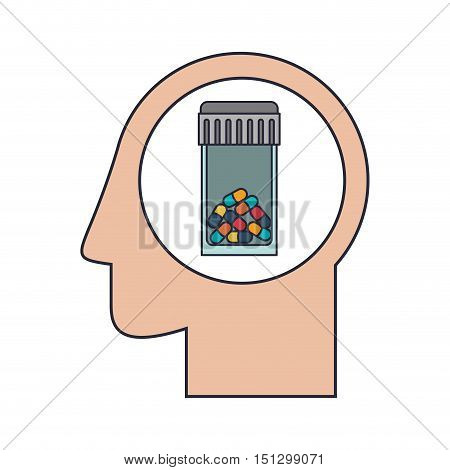 Silhouette head human with colorful pill bottle vector illustration