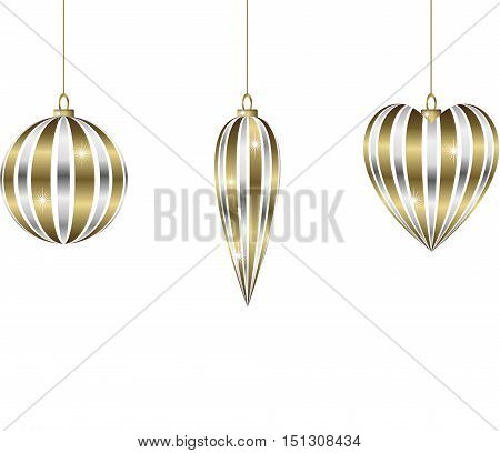 three golden silver christmas balls hanging in different shapes