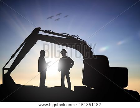 Silhouette Successful male engineer standing survey work on construction over blurred high-voltage pylons and construction. examination inspection survey