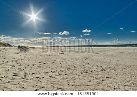 Endless Empty Sandy Beach on Baltic Sea near Leba Sand Dunes in Poland