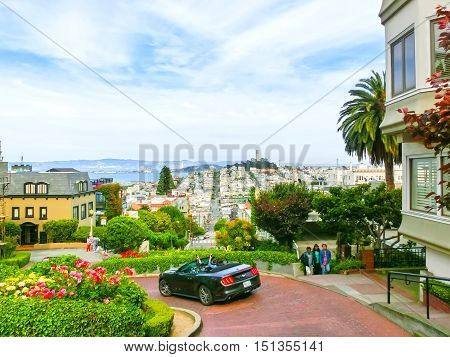 San Francisco California United States of America - May 04 2016: View of Lombard Street in San Francisco California USA. Lombard street is crookedest street in the world.