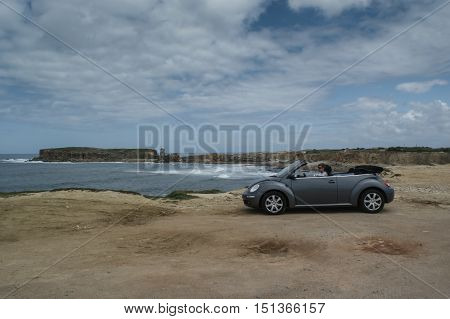 Atlantic Ocean, Portugal, April 25, 2011, a trip to the Volkswagen New Beetle for Portugal, Volkswagen Beetle is a compact convertible from Volkswagen company