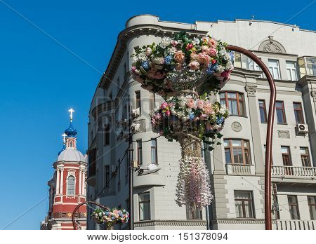 Moscow, Russia -may 14.2016. Decoration of flowers on the street Klimentovsky Lane at festival Moscow spring
