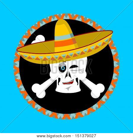 Day Of The Dead Skeletons And Sombrero. Multi-colored Skull In Mexican Hat. Emblem For National Holi