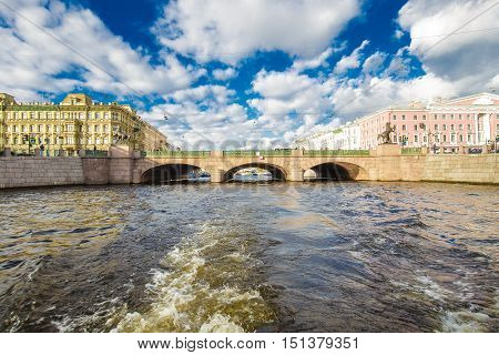 Griboyedov Canal a walk on the tourist boat view of Anichkov Bridge 14 September Saint-Petersburg Russia