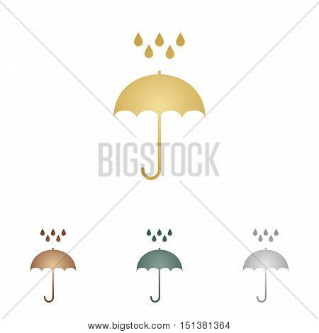 Umbrella With Water Drops. Rain Protection Symbol. Flat Design Style. Metal Icons On White Backgound