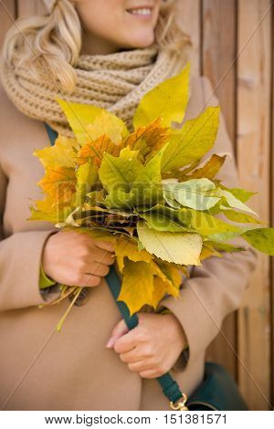 Closeup of woman's hands holding beautiful bunch of yellow marple leaves. Young smiling woman walking in park and making bouquet of autumn leaves. Happy autumn Thanksgiving and lifestyle concept