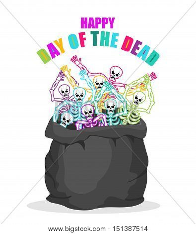 Day Of The Dead. Skeletons In Sack. Multicolored Skull In Bag. Logo For National Holiday In Mexico.