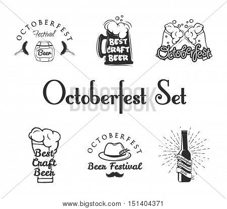 Set of Oktoberfest Labels - Beer Barrel, Beer Mug, Carausius Glasses, a Glass Foam, a German Hat, a Moustache, a Beer Bottle with Ribbon. Blanks For Badges. Vector Illustration